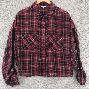 BB Dakota Jack Top Womens Medium Red Plaid Cropped Roll Tab Long Sleeve Button